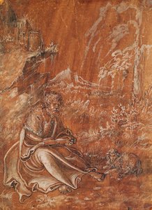 Johannes der Täufer sitzt in einer bergigen Landschaft von Lucas Cranach the Elder